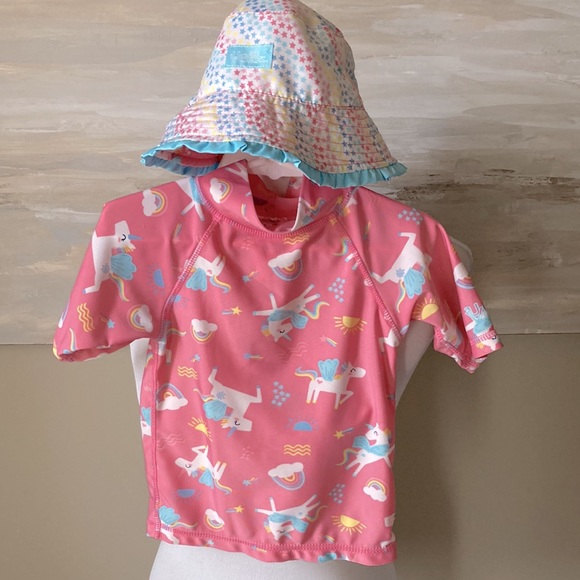 2 pc Skinz UV 50 unicorn rash guard and reversible bucket hat - Picture 2 of 9